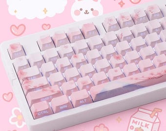 Sakura Pink Side-Engraved Keycap Set Cherry Profile | 127 PBT Translucent Keycaps | Pink Mechanical Keyboard Caps for MX Switch