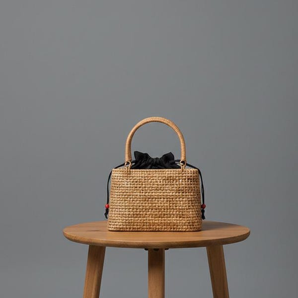 Handgeweven rotan handtas | Vintage boho rieten mandtas