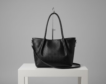 Black Woven Tote Bag, Elegant PU Leather Shoulder Bag Braided handle