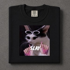 May include: Black crew neck sweatshirt with a graphic of a cat wearing sunglasses and long pink nails. The word "SLAY" is printed in white below the cat. The sweatshirt has a Comfort Colors tag.