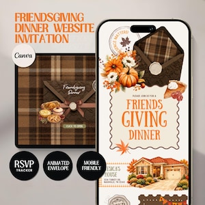 May include: A digital Friendsgiving dinner website invitation template featuring a brown plaid background, an animated envelope, orange pumpkins, autumn leaves, a slice of pie, and a house illustration with the text Friendsgiving Dinner.