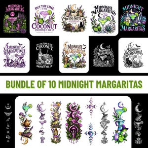 May include: A digital collection of ten graphic designs featuring cocktail themes, including margaritas, limes, coconuts, moons, frogs, and botanical elements. The text includes phrases like Midnight Margaritas, Put the Lime in the Coconut, and Owens Sisters Apothecary.