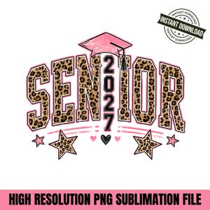 Sublimeringsdesign för senior 2027 leopard PNG, rosa leopard senior PNG, examenmössa PNG, gepardtryck för klass 2027, direktnedladdning