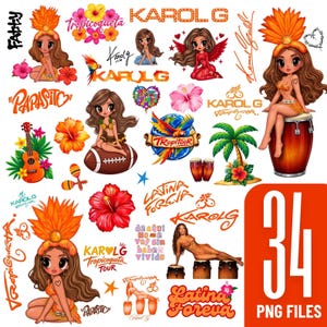 May include: A digital sticker sheet featuring various illustrations of Karol G, including chibi-style characters with orange feathered headdresses, tropical flowers, palm trees, guitars, conga drums, footballs, and text graphics like Tropicoqueta.