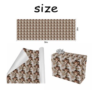 May include: Gift wrap featuring a repeating pattern of a couple embracing. The roll of wrapping paper is 58 inches long and 28 inches wide. A wrapped gift with a silver bow is also shown.