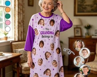 Custom This Grandma Belongs To Pajama Dress, Personalized Grandkids Face Sleep Shirt, Custom Gifts for Grandma Mom