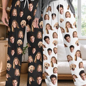 May include: Two pairs of lounge pants featuring an all-over custom photo print of faces and a golden retriever dog. One pair is black with white drawstring ties, and the other pair is white with white drawstring ties, both with elastic waistbands.
