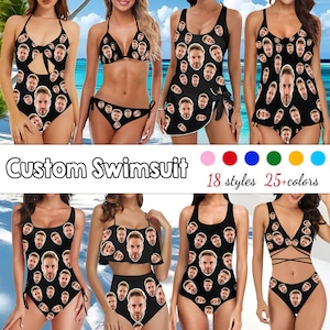 May include: A collection of black swimsuits featuring a repeating custom face print pattern. The display includes various styles such as one-piece suits, bikinis, and tankinis, all showcasing the same repeated portrait graphic on the fabric.