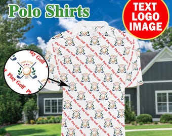 May include: White polo shirt with a golf-themed pattern, featuring golf clubs, balls, and the text "Play Golf." The shirt has a collared neckline and short sleeves. The words "Custom Polo Shirts" are at the top.