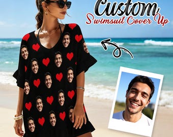 Custom Swimsuit Cover Up,Personalized Face Beach Cover Up,Heart Print Beach Dress,Honeymoon Gift for Her
