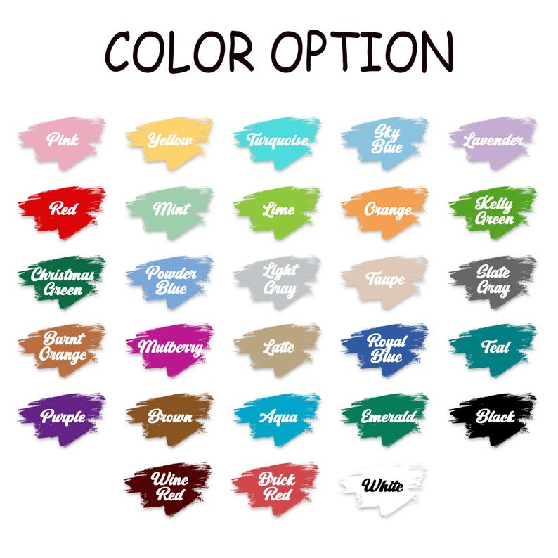 May include: Image displaying a color chart with the text "COLOR OPTION" at the top. The chart features various color swatches, including pink, yellow, turquoise, sky blue, lavender, red, mint, lime, orange, and kelly green.