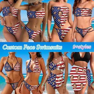 May include: A collection of custom swimsuits featuring a repeating pattern of a person's face overlaid on the American flag design. The swimwear includes various styles such as bikinis, one-piece suits, and sarongs with red, white, and blue colors.
