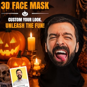 May include: A personalized 3D face mask featuring a realistic print of a bearded person with their mouth open and tongue out. The text on the image reads: PERSONALIZED 3D FACE MASK, CUSTOM YOUR LOOK. UNLEASH THE FUN!, and CUSTOM YOUR PHOTOS.
