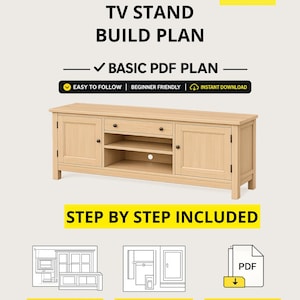 May include: A light wood TV stand build plan in PDF format. The stand has two doors, two drawers, and open shelving. The plan includes step-by-step instructions and is beginner-friendly. The image also includes the text "TV Stand Build Plan".