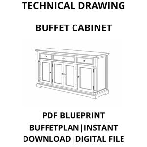 以下が含まれることがあります： ビュッフェキャビネットの技術図面。画像は、3つの引き出しと4つのドアを備えた、長くて長方形のキャビネットの白黒線画です。上部のテキストは「Technical Drawing」と書かれています。
