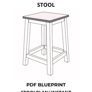 以下が含まれることがあります： スツールのテクニカルドローイング。スツールは、正方形の座面と4本の角度の付いた脚で、線画スタイルで描かれています。「TECHNICAL DRAWING STOOL」の文字が上部にあります。スツールの下には「PDF BLUEPRINT STOOLPLAN | INSTANT DOWNLOAD | DIGITAL FILE PDF」と書かれています。