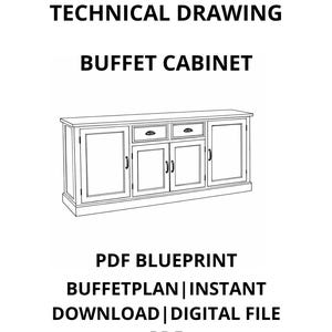 以下が含まれることがあります： ビュッフェキャビネットの技術図面。白黒の線画は、ドアと引き出しが付いた長いキャビネットを示しています。下部のテキストは「PDF Blueprint」と「Digital File PDF」です。