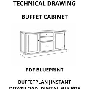 以下が含まれることがあります： ビュッフェキャビネットの技術図面。白黒の線画は、2つのドアと3つの引き出しが付いた長方形のキャビネットを示しています。下のテキストは「PDF Blueprint」と書かれています。