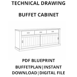 以下が含まれることがあります： ビュッフェキャビネットの技術図面。画像は、3つの引き出しと引き戸を備えた木製のビュッフェキャビネットの白黒線画です。「PDF Blueprint」と「インスタントダウンロード」というテキストが含まれています。