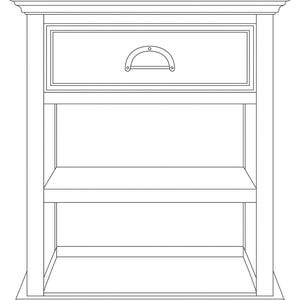 以下が含まれることがあります： 引き出し1つとオープン棚2段を備えた白いナイトスタンド。 引き出しにはD字型の取っ手が付いています。 シンプルで機能的な家具です。