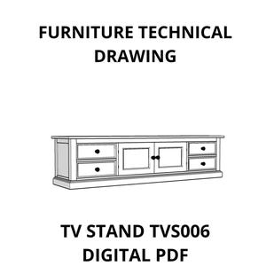 以下が含まれることがあります： TVS006とラベルされたテレビ台の技術図面、デジタルPDF形式。 家具のデザインは、引き出しとドアを備えた長方形のキャビネットを示しており、シンプルな白黒の線画でレンダリングされています。