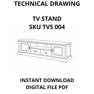 以下が含まれることがあります： 詳細な線画スタイルのテレビ台、SKU TVS 004の技術図面。デザインは、2つのキャビネットドア、2つの引き出し、オープンシェルフを備えています。「INSTANT DOWNLOAD DIGITAL FILE PDF」のテキストも表示されています。