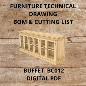 6枚のガラス扉サイドボードの設計図｜キャビネット技術資料｜部品表とカッティングリスト付きキャビネット｜コード BC012