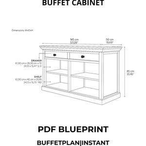 以下が含まれることがあります： 寸法がcmとインチで示された、ビュッフェキャビネットの技術図面。 キャビネットには2つの引き出しと棚があります。 PDFの青写真がすぐにダウンロードできます。