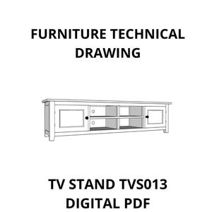 以下が含まれることがあります： デジタルPDF形式のテレビ台の技術図面、TVS013とラベル付けされています。家具のデザインは、2つのドアとオープンシェルフを備えた長方形の形状を特徴としています。「FURNITURE TECHNICAL DRAWING」というテキストが上部にあります。