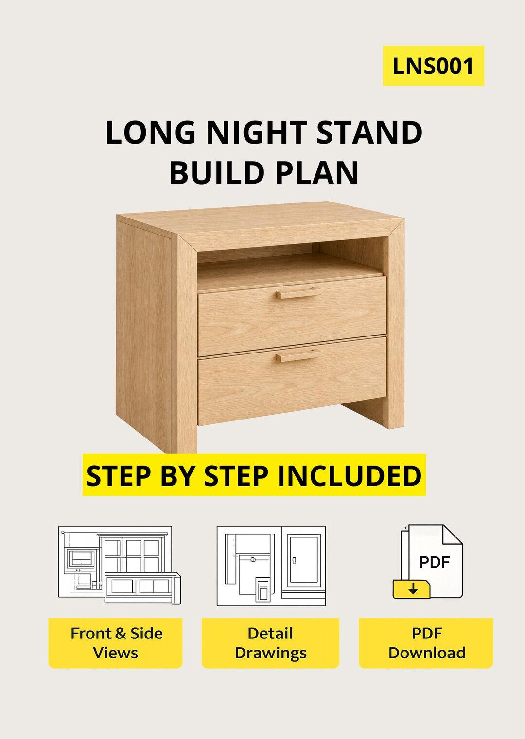Long Nightstand Plan PDF | 2 Drawer Bedside Table With Open Shelf ...