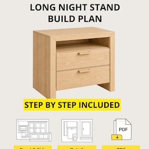 Long Nightstand Plan PDF | 2 Drawer Bedside Table with Open Shelf | Modern Nightstand Blueprint
