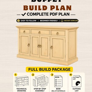 Könnte beinhalten: Bauplan für ein helles Holzbuffet mit dem Text "BUFFET BUILD PLAN - COMPLETE PDF PLAN". Der Plan enthält eine technische Zeichnung, Schritt-für-Schritt-Montageanleitungen, eine Stückliste und eine Zuschnittliste.