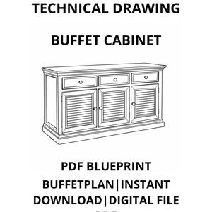 以下が含まれることがあります： ビュッフェキャビネットの技術図面。白黒の線画は、3つの引き出しとスラットパネル付きの3つのドアを備えたキャビネットを示しています。「PDF Blueprint」と「インスタントダウンロード|デジタルファイルPDF」というテキストが含まれています。