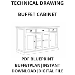 以下が含まれることがあります： PDF形式の図面であるビュッフェキャビネットの技術図面。 白黒のイラストは、3つの引き出しとガラス扉を備えたキャビネットを示しています。 画像のテキストには「TECHNICAL DRAWING」と「BUFFET CABINET」が含まれています。