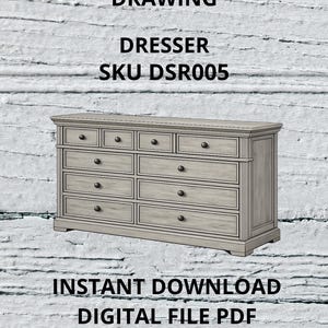 Könnte beinhalten: Technische Zeichnung einer hellgrauen Kommode mit neun Schubladen und dunklen Knöpfen. Die Kommode hat ein klassisches Design. Das Bild enthält den Text "FURNITURE TECHNICAL DRAWING", "DRESSER", "SKU DSR005" und "INSTANT DOWNLOAD DIGITAL FILE PDF".