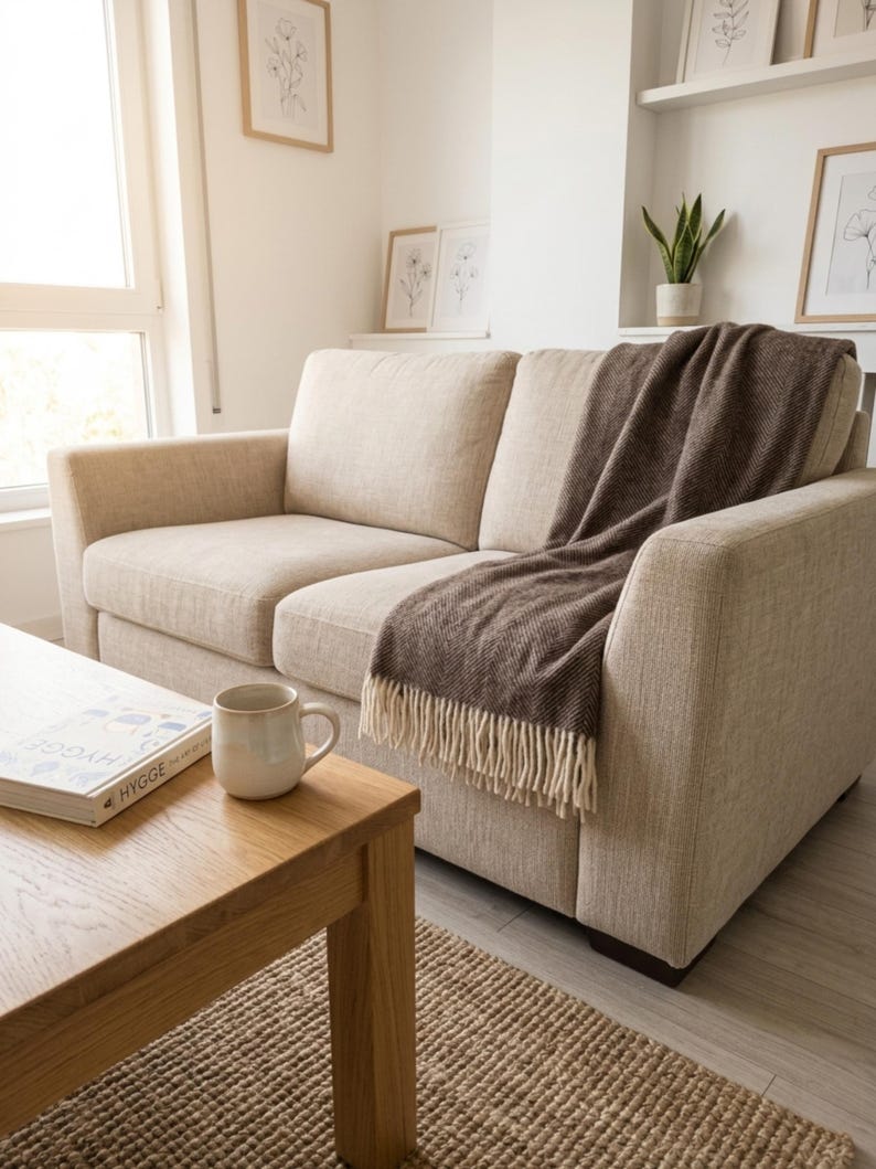 May include: A beige two-seater sofa with a brown fringed throw blanket. A wooden coffee table holds a mug and a book titled "HYGGE". The room has framed botanical prints and a small rug.