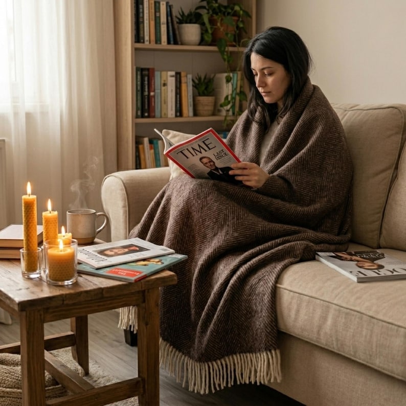 May include: A woman wrapped in a brown herringbone blanket reads a TIME magazine on a beige sofa. A wooden side table holds lit candles, a mug, and magazines. A bookshelf is visible in the background.