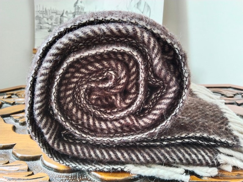 100% Wool Herringbone Throw Blanket, Taupe Brown Rustic Sofa Accent image 20