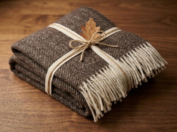 100% Wool Herringbone Throw Blanket, Taupe Brown Rustic Sofa Accent