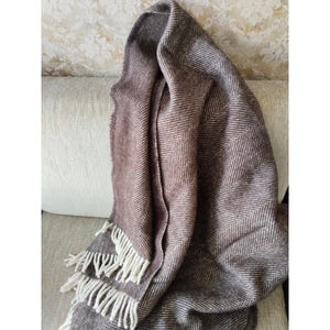 May include: A brown and white herringbone pattern throw blanket with white fringe. The blanket is draped over a light-colored sofa. The blanket has a soft, textured appearance.