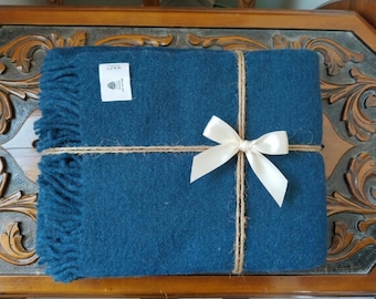 Navy Blue Merino Wool Throw Blanket, Virgin Wool, Fringed Sofa Decor