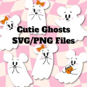 May include: White ghost illustrations with mouse-like ears and orange bows, some holding a jack-o'-lantern bucket. The text "Cutie Ghosts SVG/PNG Files" is displayed in black. The background is a pink and white checkered pattern.