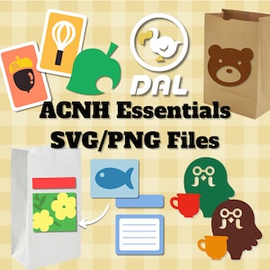 May include: A collection of digital SVG/PNG files labeled "ACNH Essentials." The image features various icons, including a leaf, a dodo bird, and a bear face on a paper bag. Additional elements include a fish, a notepad, and two owl-shaped characters with teacups.