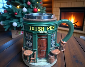 3D Irish Pub Mug | Green Resin Coffee Cup, St. Patrick's Day Decor