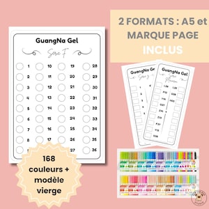 GuangNa Gel-Farbkarte, 168 Farben zum Ausdrucken – A5-Format mit Lesezeichen – Ausmalen zum Mitmachen – Inklusive leerer Vorlage – PDF