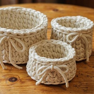 May include: Three cream-colored, hand-crocheted baskets of varying sizes are arranged on a wooden surface. Each basket has a rounded shape and is adorned with a decorative bow. The baskets are ideal for storage or decor.