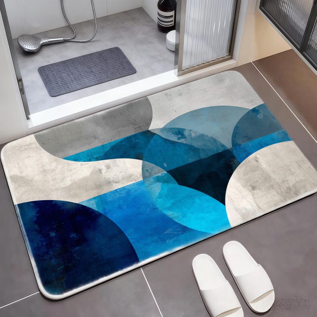 Abstract Geometric Mat, Blue Grey Circle Doormat, Modern Contemporary ...