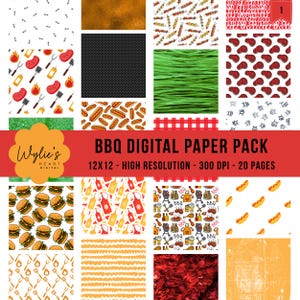 May include: A digital paper pack featuring twenty patterns with barbecue themes including hamburgers, hot dogs, skewers, grilling tools, flames, red checkered prints, and textured backgrounds. The text reads BBQ DIGITAL PAPER PACK 12X12.