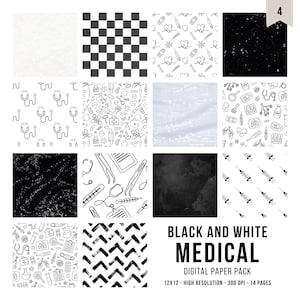 Könnte beinhalten: Ein digitales Papierpaket mit 14 Seiten schwarz-weißen Mustern zum Thema Medizin, darunter Stethoskope, Spritzen, Pillen und anatomische Symbole, sowie Karomuster, Glitzer und Zickzack-Designs mit dem Text BLACK AND WHITE MEDICAL.