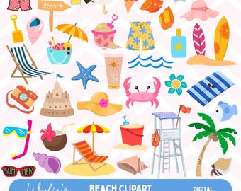 Pacchetto Clipart Spiaggia: 40 immagini digitali PNG (download digitale)